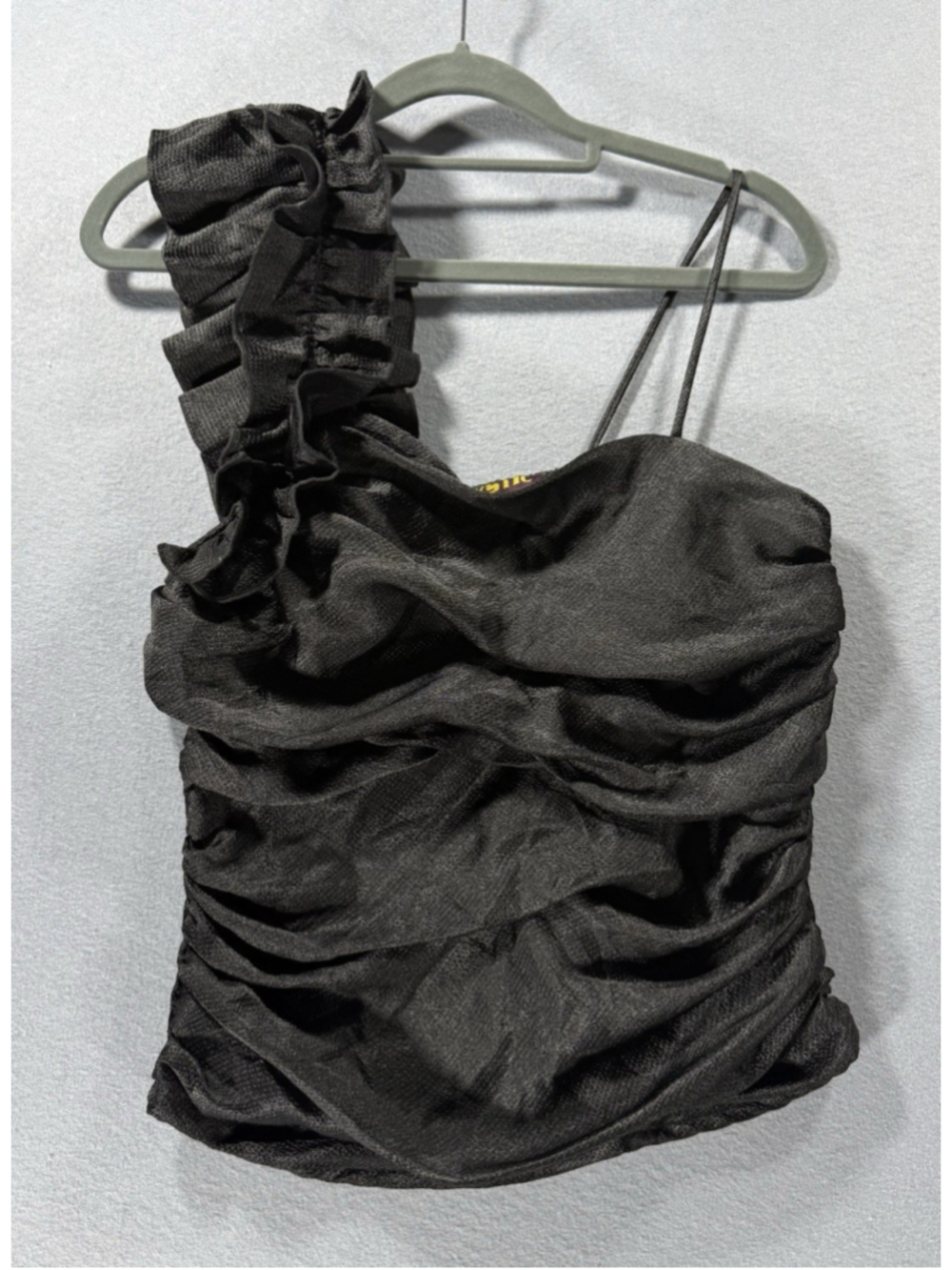 Mystic Black Ruched One Shoulder Top Size Medium Textured Ruffled Asymmetric